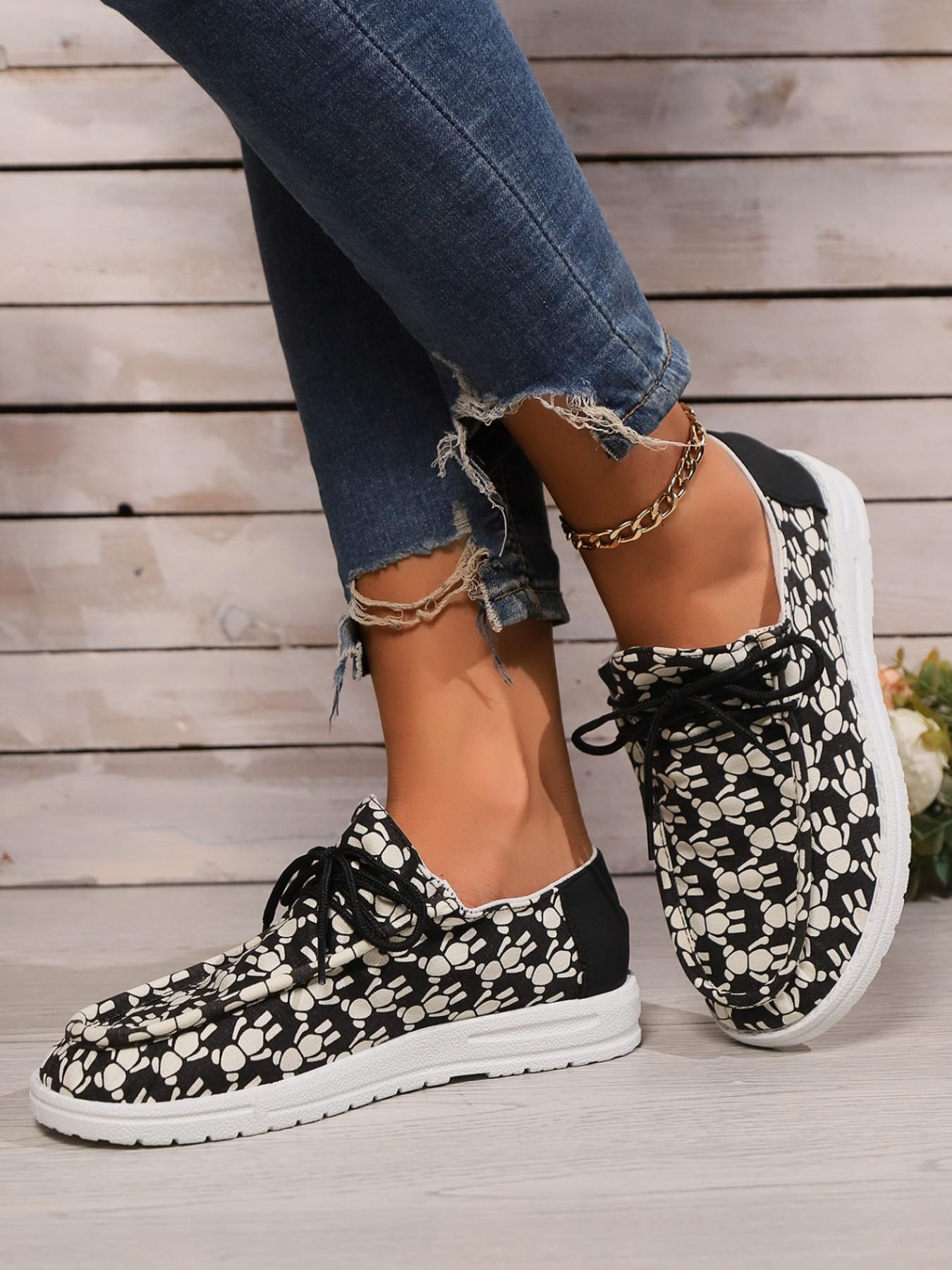Women's Fashion Print Lace-Up Sneakers, One-Step Slip-On, Comfortable Breathable Outdoor Walking Shoes, Round Toe Casual Daily Wear-