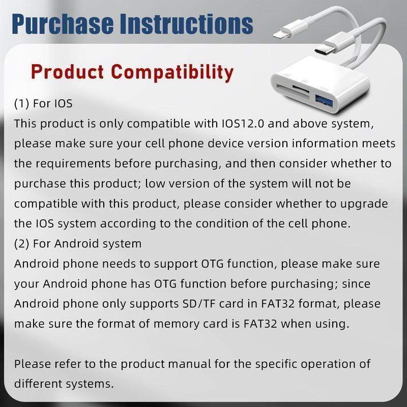 Multifunctional USB-C & Lightning Card Reader, Fast Transfer Adapter for iPhone/iPad/laptop, Supports SD/TF/micro SD Cards, No APP Needed