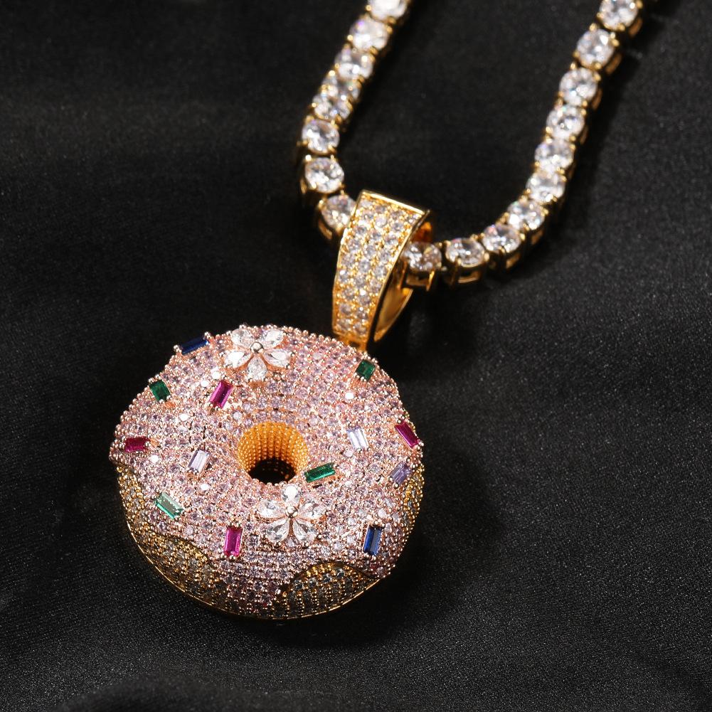 Loveden Hip Hop Iced Out Colorful Donut Pendant Necklace, Full Micro Pave Cubic Zirconia Donut Charm, Trendy Brand Quirky Streetwear Jewelry, Unique Fun Fashion Accessory, Unisex Statement Ornament for Men Women, Ideal for Daily Outfits, Club Party & Casu