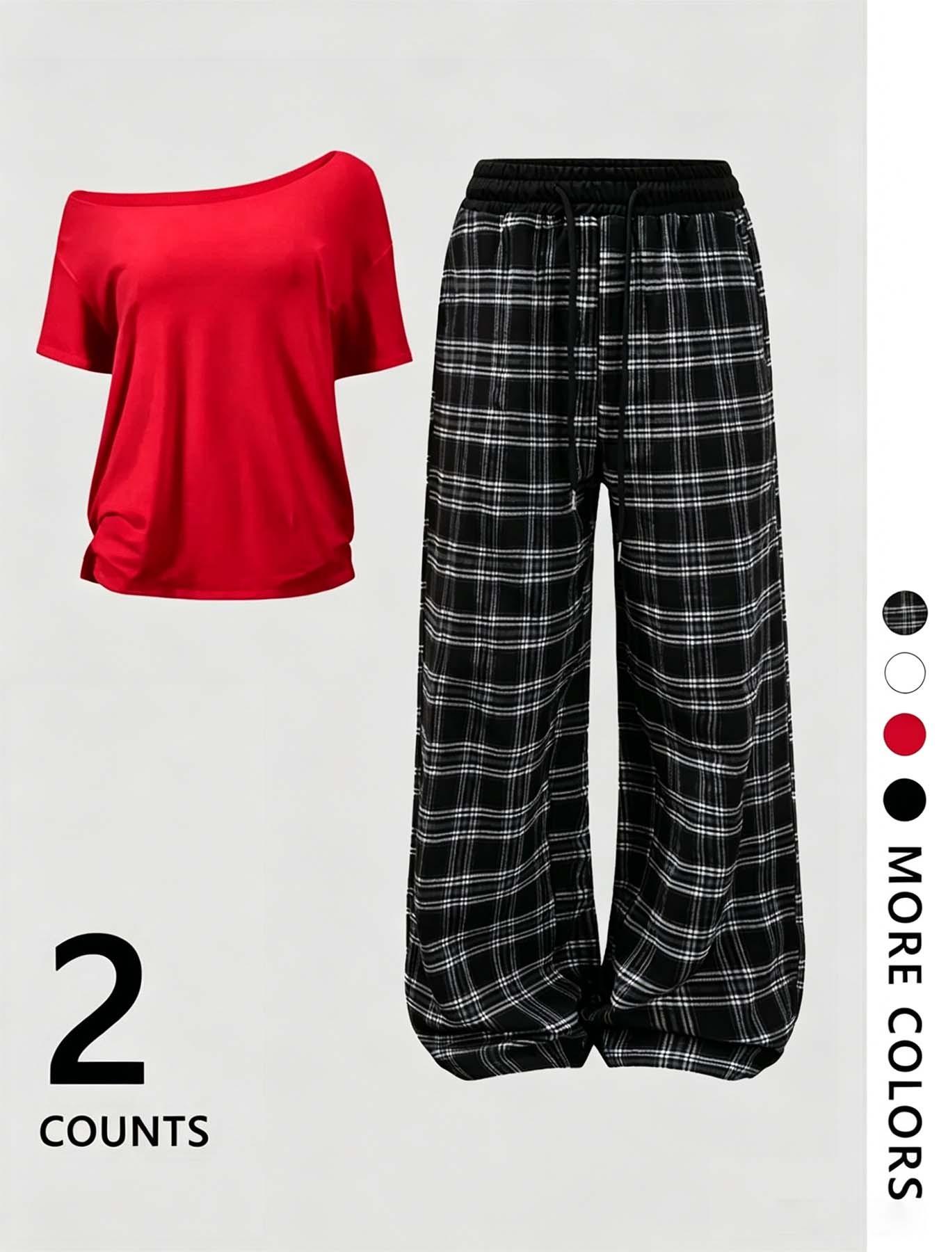 Women's Off-Shoulder Loose Short Sleeve Top with Plaid Pants Pajama Set, Loungewear, Homewear, Fashionable and Comfortable, Ideal for Daily Activities and Home Wear, Matching Loungewear