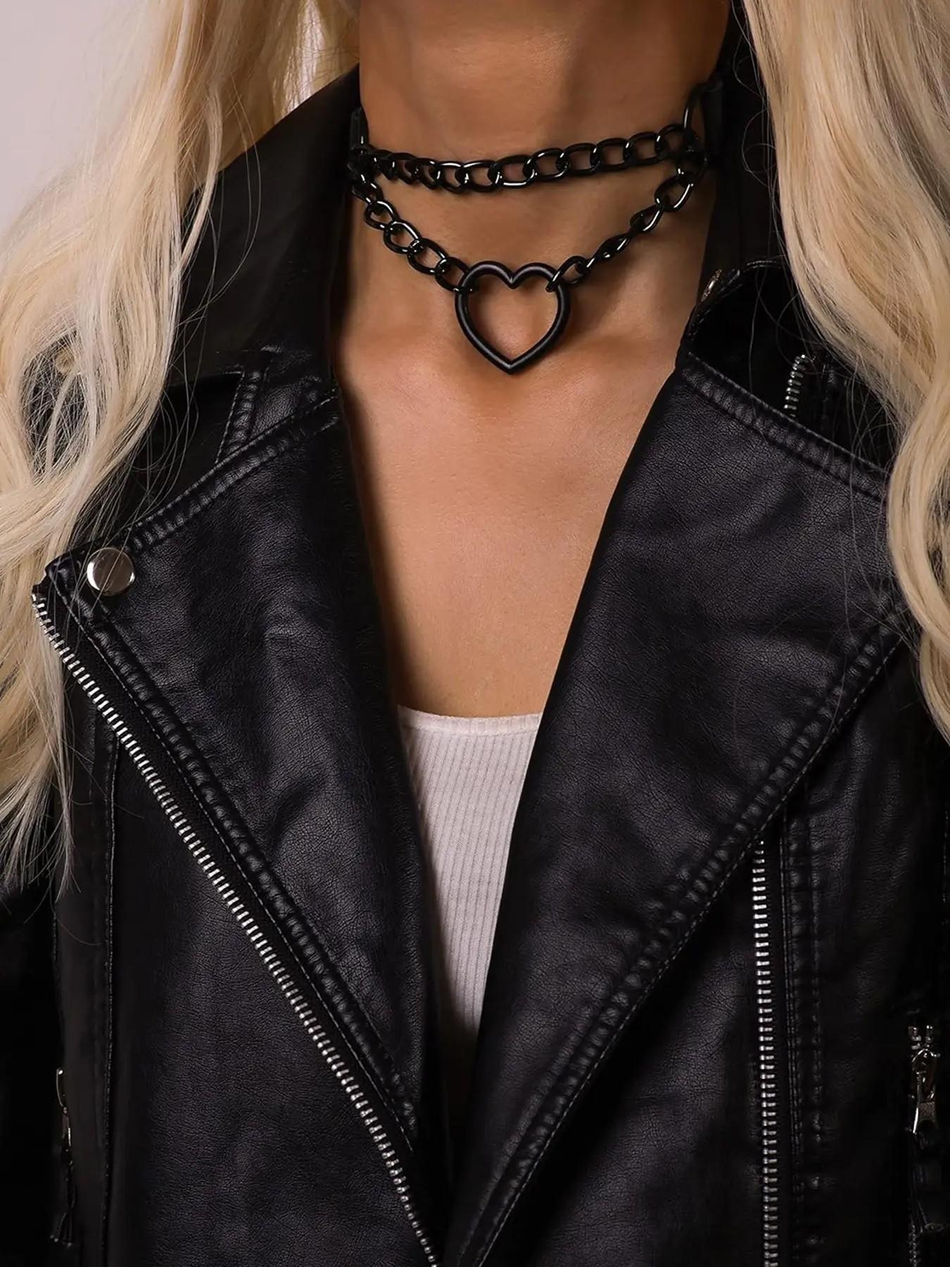 Gothic Punk Grunge Emo Necklace, PU Leather Choker, Goth Heart Chain Design, Perfect Halloween & Christmas Gift for Him Her