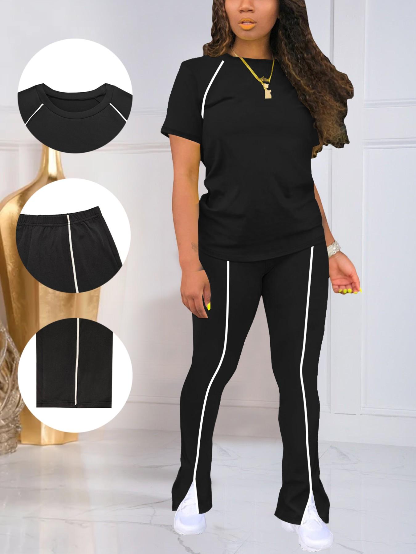 Women's Summer Round Neck Short Sleeve Fitted Pants Set Outfit, Classic Solid Color Casual Wear Lightweight, Striped Sleeve Design for Relaxed Style Womenswear