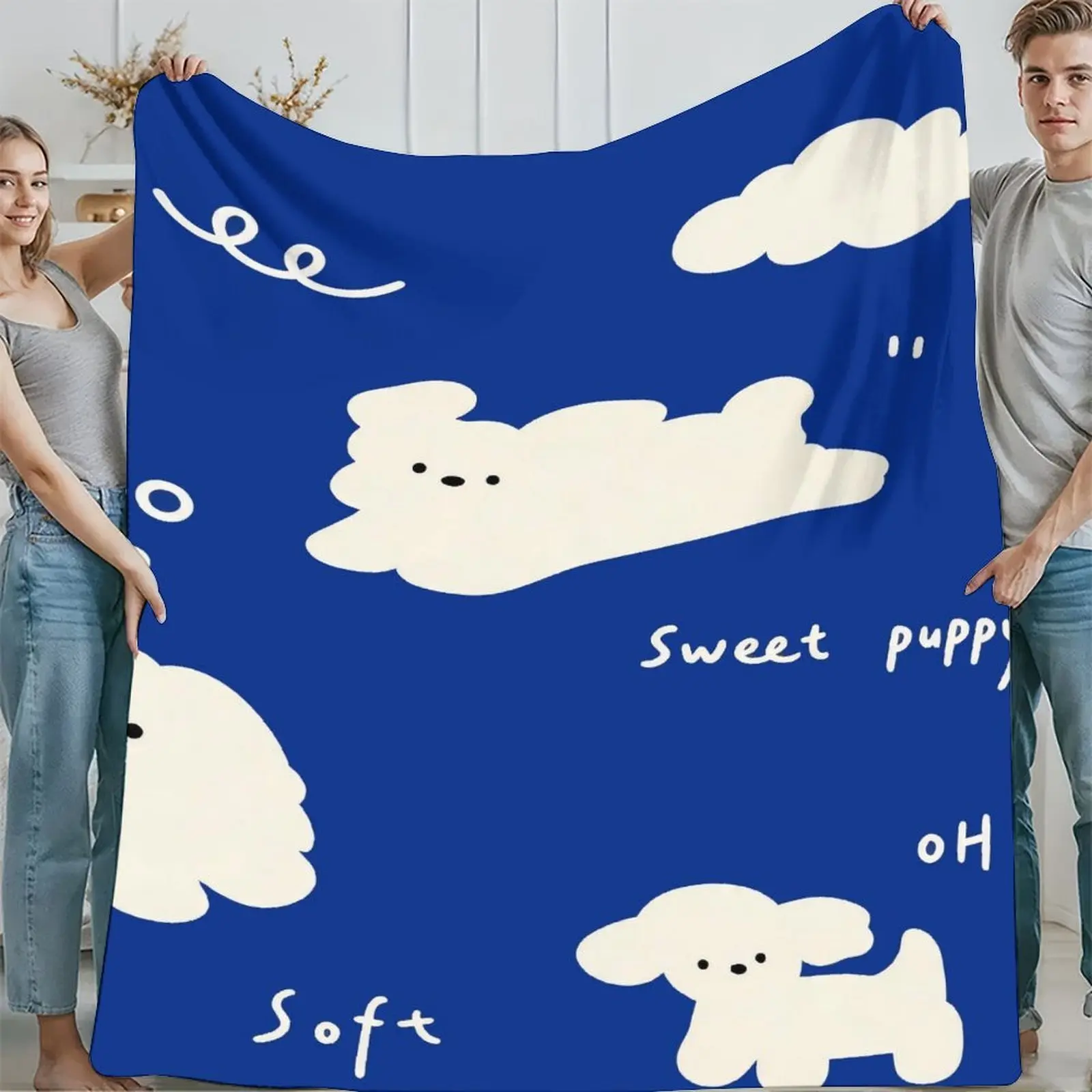 60x80in Puppy Clouds Print Throw Blanket - Sweet Puppy Motif, Microfiber Fleece, Lightweight Softness, Multi-Use for Sofa-Cover, Couch, Office Nap, Gift, Warm Cozy Flannel Furry Air Conditioning Blanket