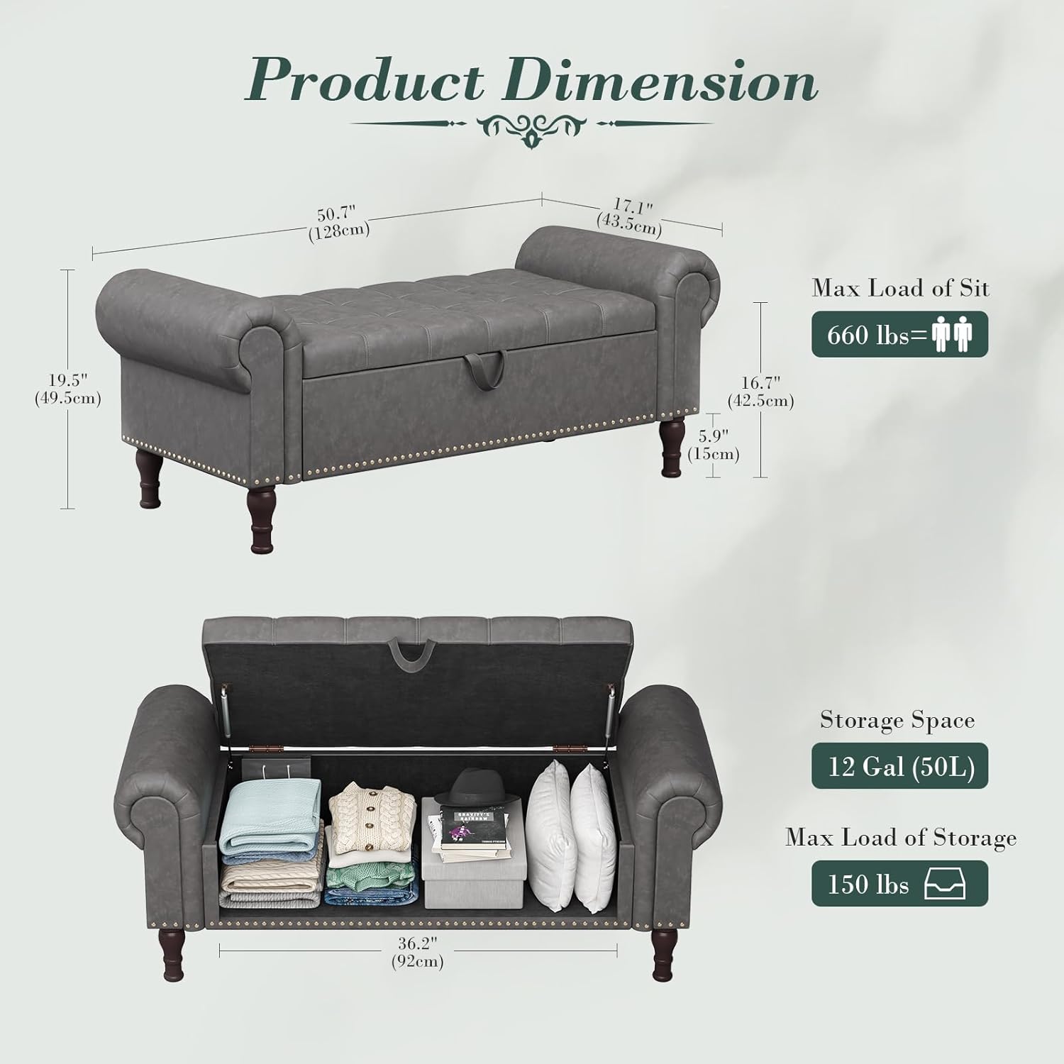 Apicizon 60”Storage Ottoman Bench, Soft Faux Leather Indoor Bench with Rolled Arm and Vintage Rivets, Large Storage Chest for Bedroom, Living Room Apicizon 60”Storage Ottoman Bench, Soft Faux Leather Indoor Bench with Rolled Arm and Vintage Rivets, Large Storage Chest for Bedroom, Living Room