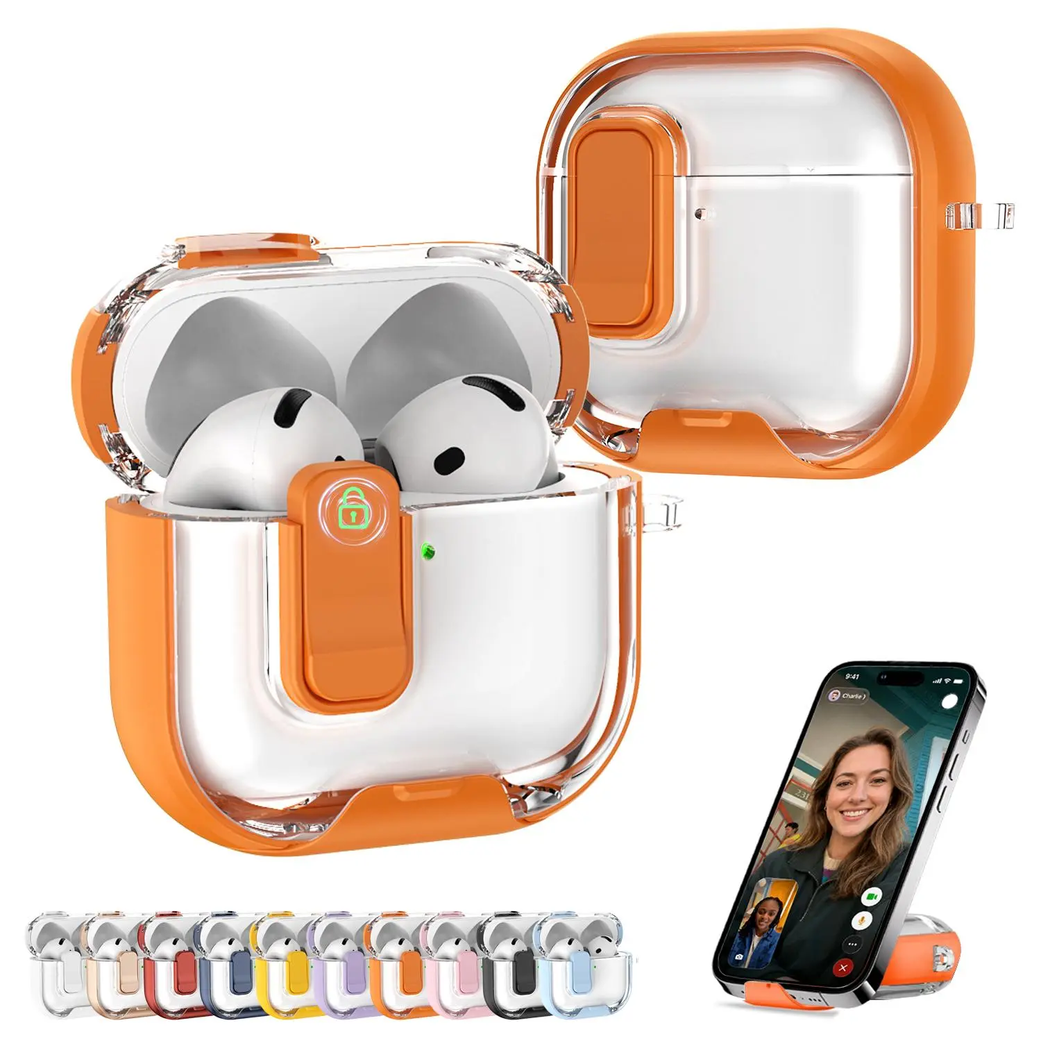 For AirPods 4 & AirPods Pro 3/2/1 Case with Secure Lock Kickstand, Clear Anti-Yellow Shockproof Protective Cover, Wireless Charging Compatible, Keychain Ring Anti-Lost Earbud Case