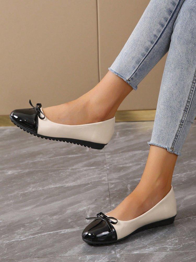 Women's New Black White Color Block Mary Jane Flats Bow Round Toe Comfortable Office Shoes Soft Sole Lazy Shoes