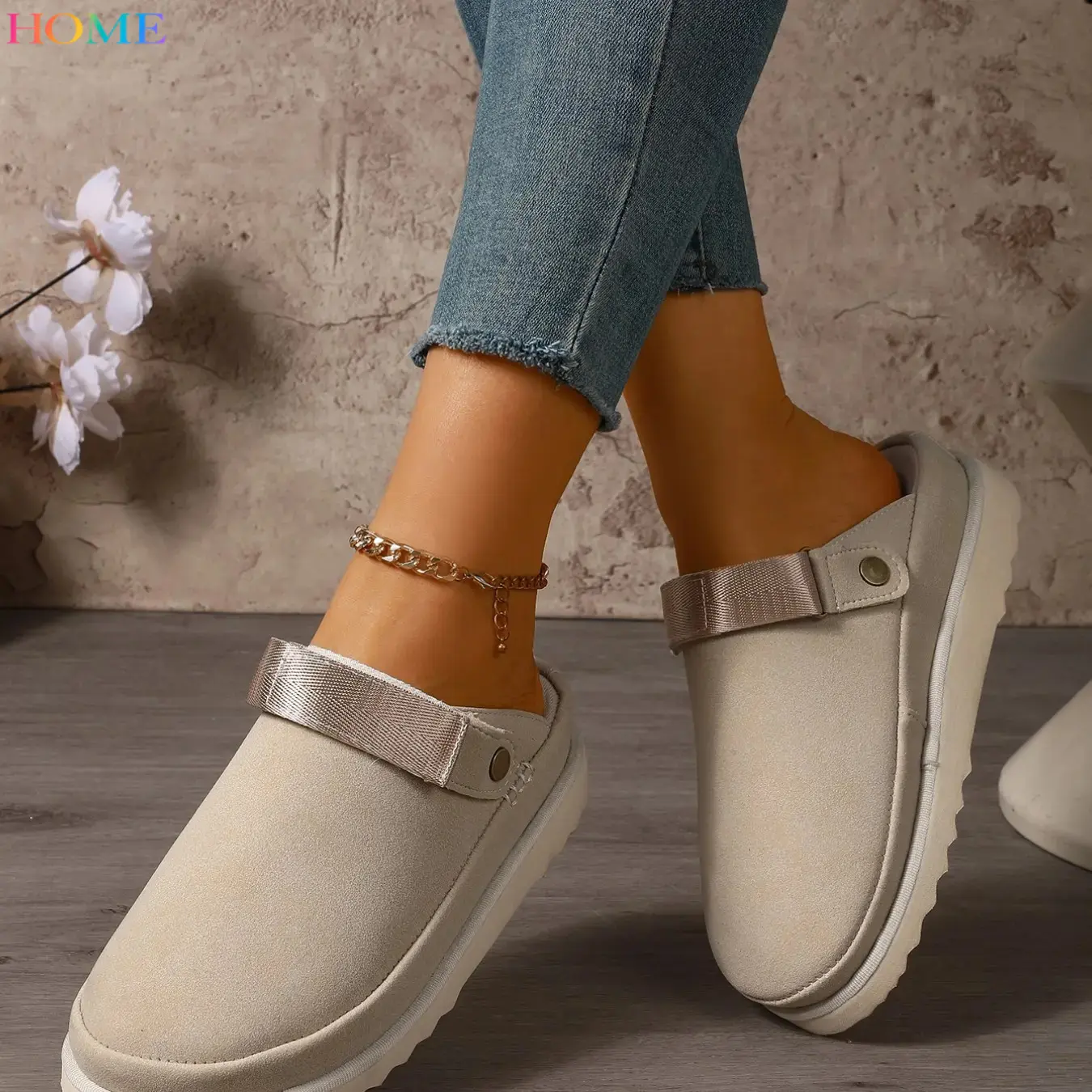 HOME Women's Toe Backless Clog Mules, Suede Upper, Adjustable Slingback Strap, Platform-On, Casual Outdoor Walking Shoes, Adjustable Clogs