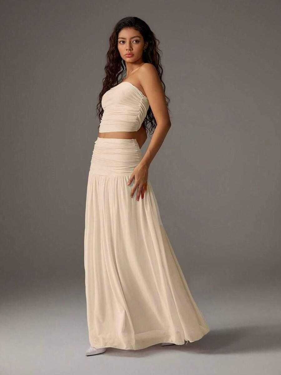 Women's Mesh Solid Color Halter Top Sleeveless and Long Dress Two-Piece Set, Breathable Summer Outfit, Elegant and Comfortable for Daily Wear, Neck Top Set