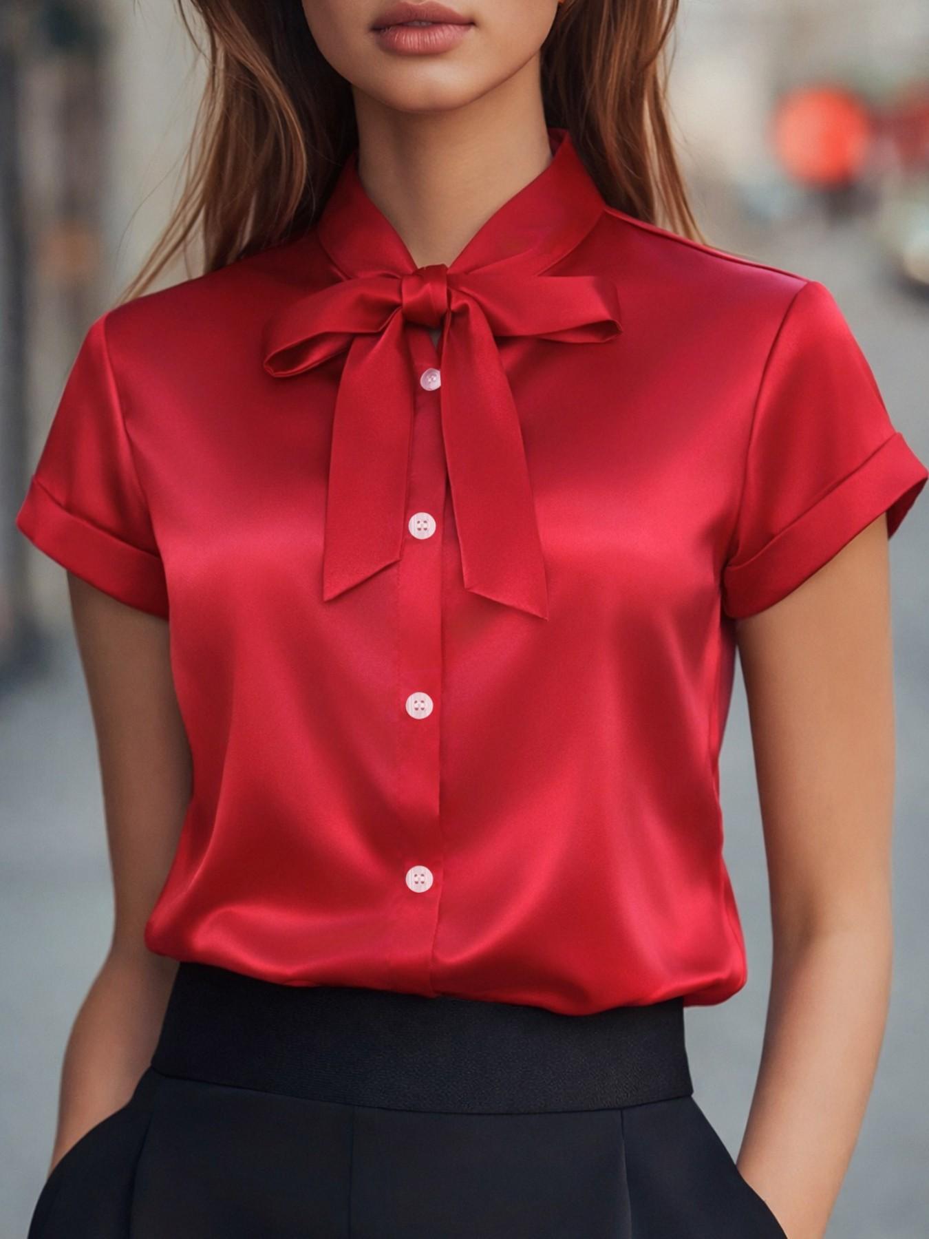 Classic short-sleeved satin shirt with a ribbon detail at the neckline, Fitted Elegant solid color, perfect for spring and summer wear. A stylish women's Smooth Blouse