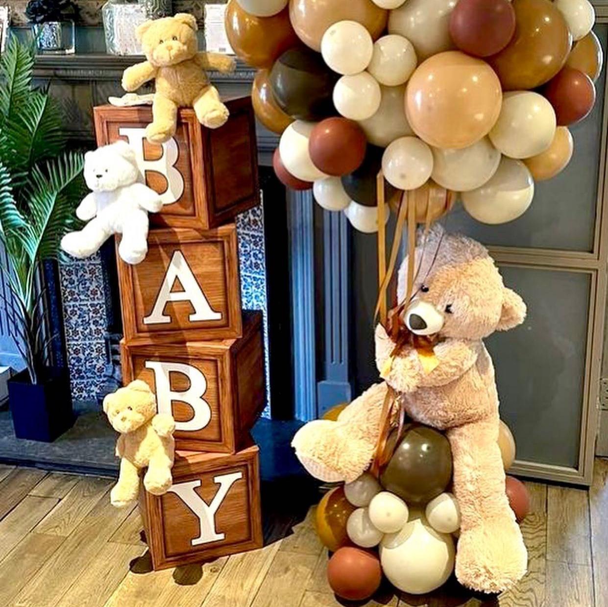 Wood Grain Printing Baby Shower Display Boxes Decoration, Neutral Gender Reveal Backdrop Brown Baby Stacking Blocks Backdrop for Kids Birthday Party