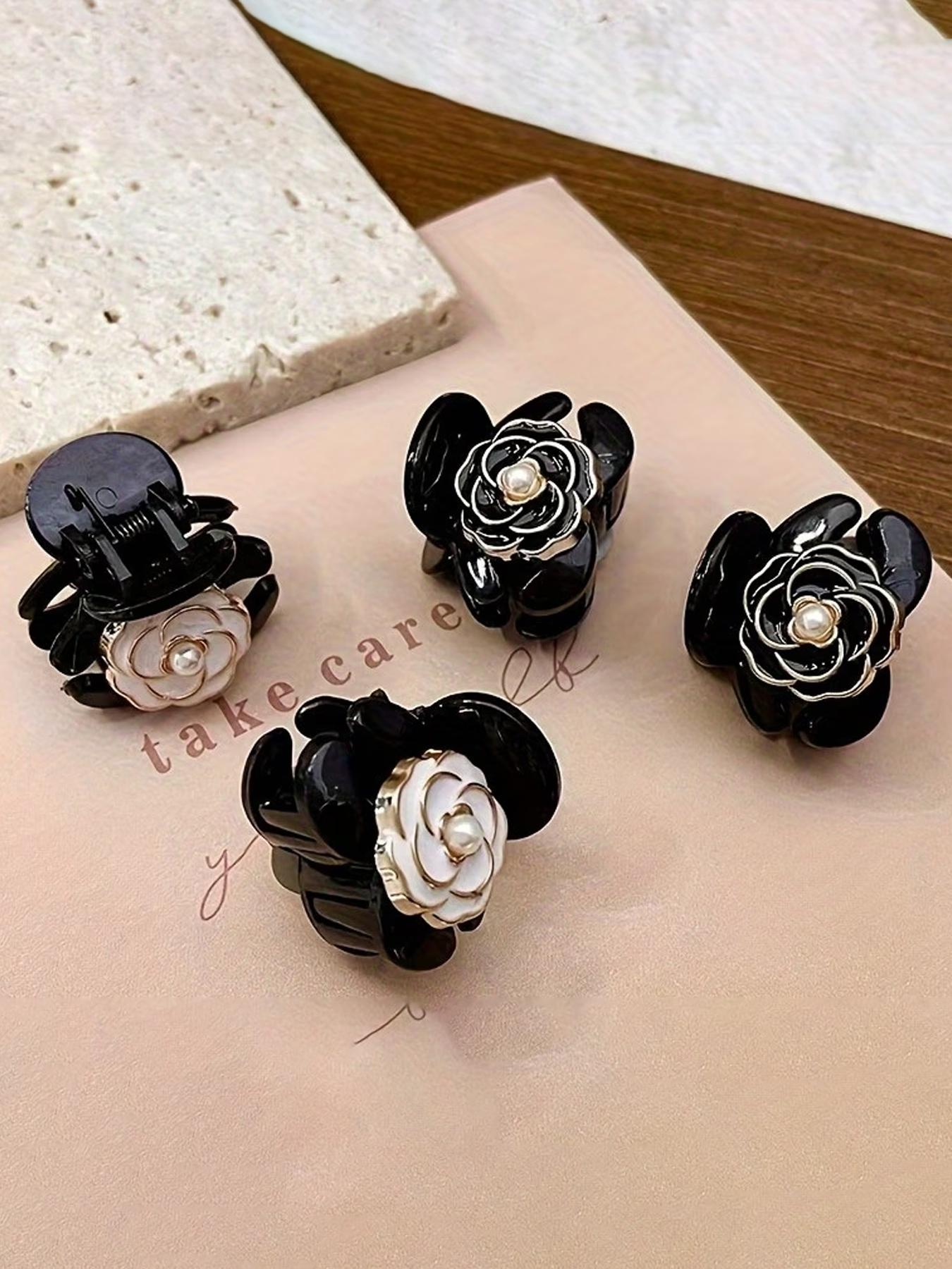 4 Cute Decorative Hair Clips in Various Colors (Black + White), Made of Plastic Camellia Flowers, Suitable for Women, Trendy Small Hair Clips Perfect for Bangs And Side Hair Additions - an Excellent Gift Choice!