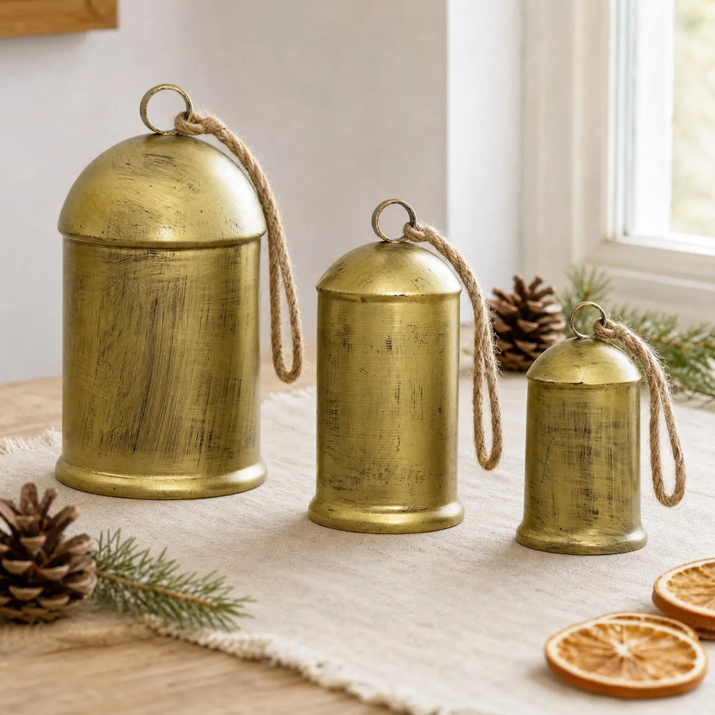 3-Piece Vintage Copper Cow Bells, Rustic Metal Hanging Bell with Hemp Rope, Country Style Christmas Tree, Fireplace, Floral Decorations