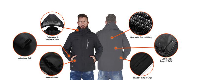 [Power Bank or Battery Pack Not included] Unisex 3-in-1 Puffer Coat Waterproof Heated Jacket with Massage Removable Warm Iiner Fleece Jackets