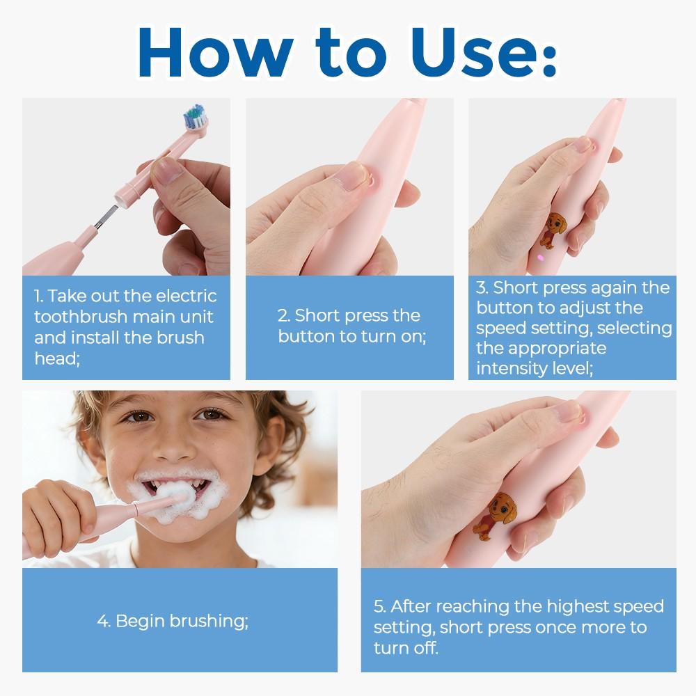 Rotating Childrens Electric Toothbrush, Rechargeable Toothbrush, 5 Speed Settings, Cartoon Kids Teeth Cleaning Brush with 4 Replacement Heads