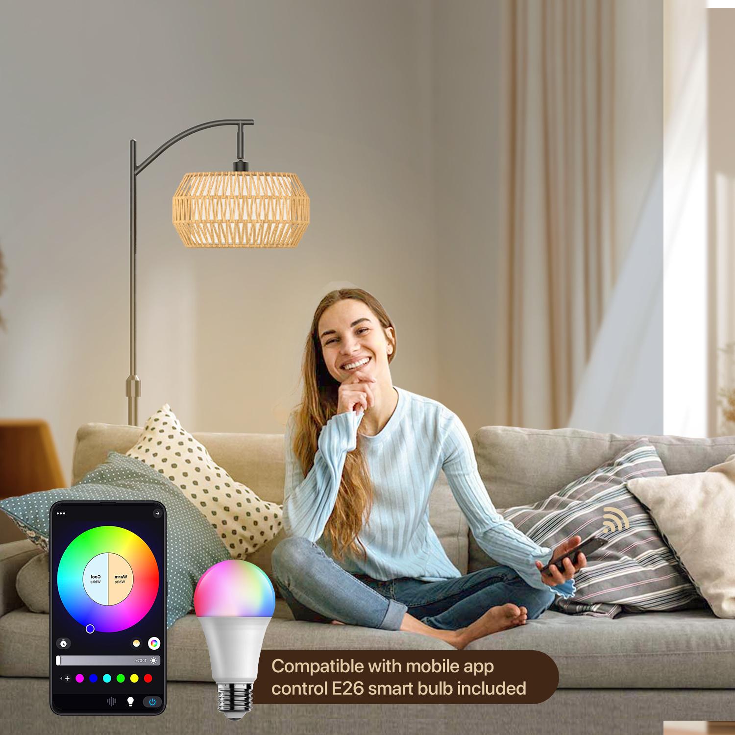 GLITGATE RGB Dimmable Y Floor Lamp with Remote Control, Bohemian Floor Lamp with 3 CCT,Farmhouse Floor Lamps with Rattan Shades, Mid century modern floor lamp, Adjustable Tall Lamp for Bedroom, Office for living room,bedroom