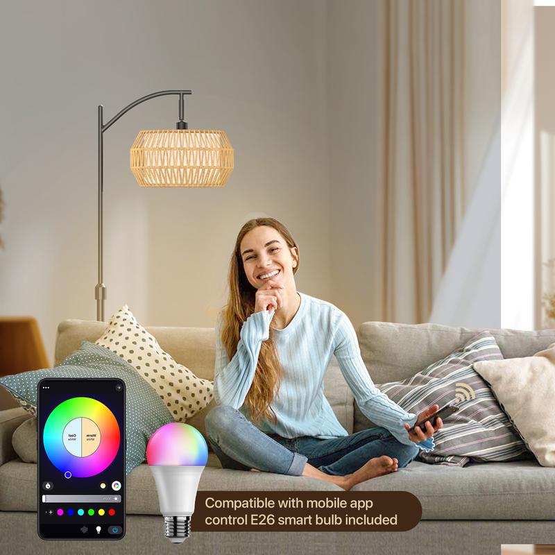 GLITGATE RGB Dimmable Y Floor Lamp with Remote Control, Bohemian Floor Lamp with 3 CCT,Farmhouse Floor Lamps with Rattan Shades, Mid century modern floor lamp, Adjustable Tall Lamp for Bedroom, Office for living room,bedroom