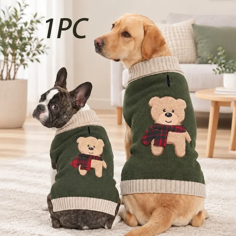 1PC Adorable Cute Bear Embroidery Pet Sweaters Soft and Cozy Knitwear for Small Middle Dogs, Thickened Knitted Turtleneck Design Elastic and Warm Puppy Winter Apparel for Schnauzer Bichon, Husky Clothes