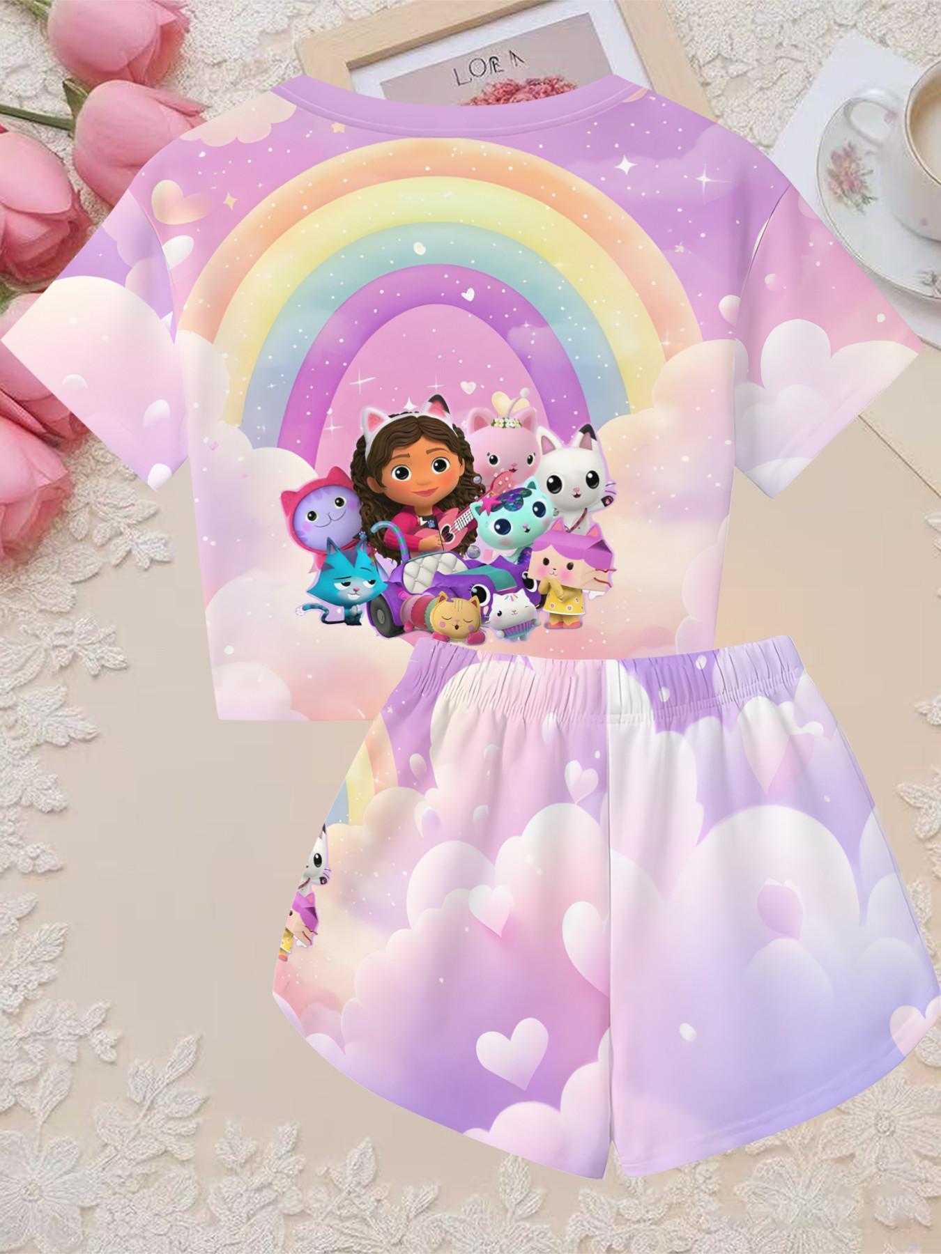 Girls' 3D Short Sleeve Set, Gabi Dollhouse Rainbow Cloud Print, Outdoor Wear, Perfect for Holidays, Birthday Gifts, Casual Style