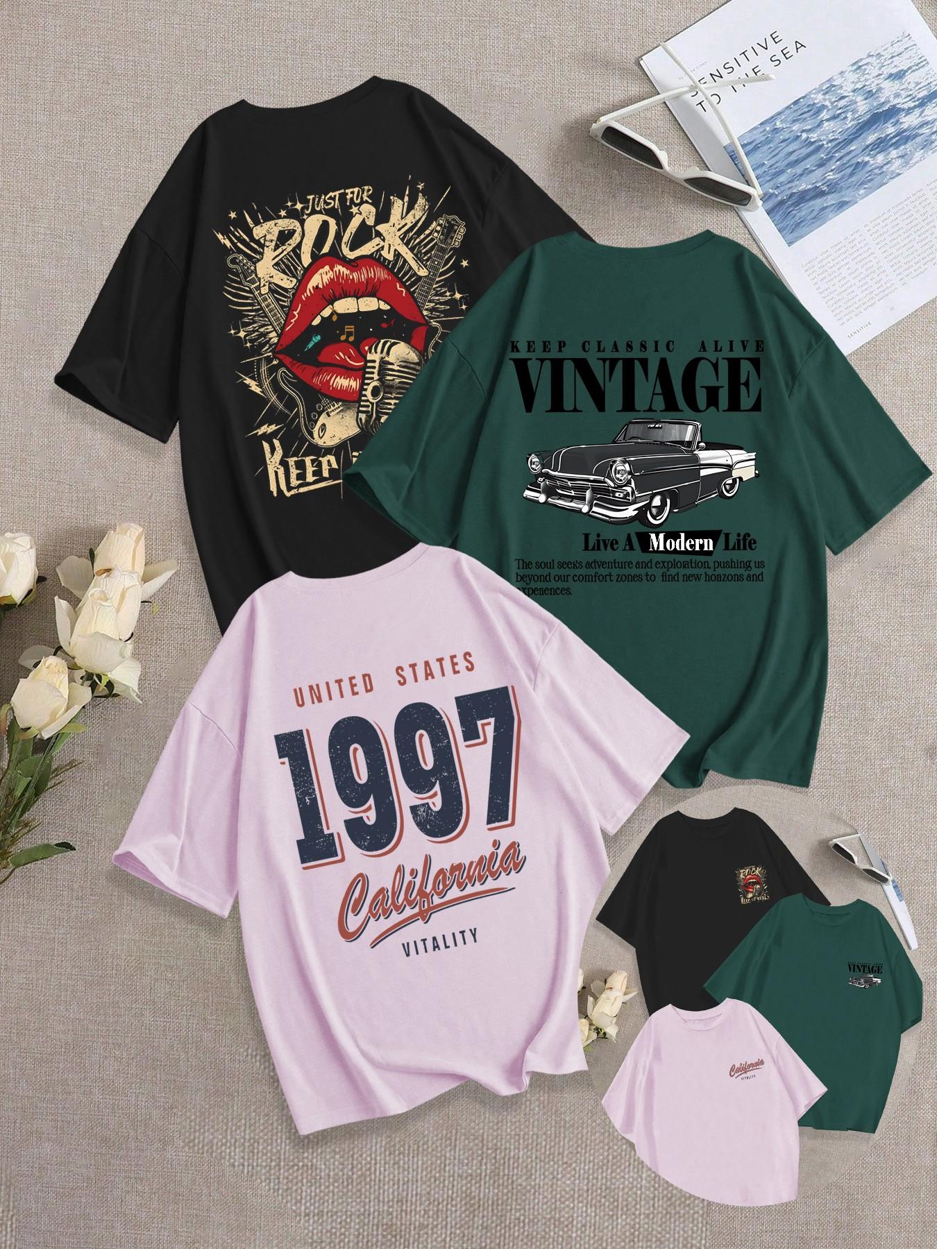 3-Pack Breathable Casual, Classic Loose Fit Round Neck T-Shirt, Vintage Comfortable Mouth/Car Pattern Print Daily Wear, Trendy Summer Tee