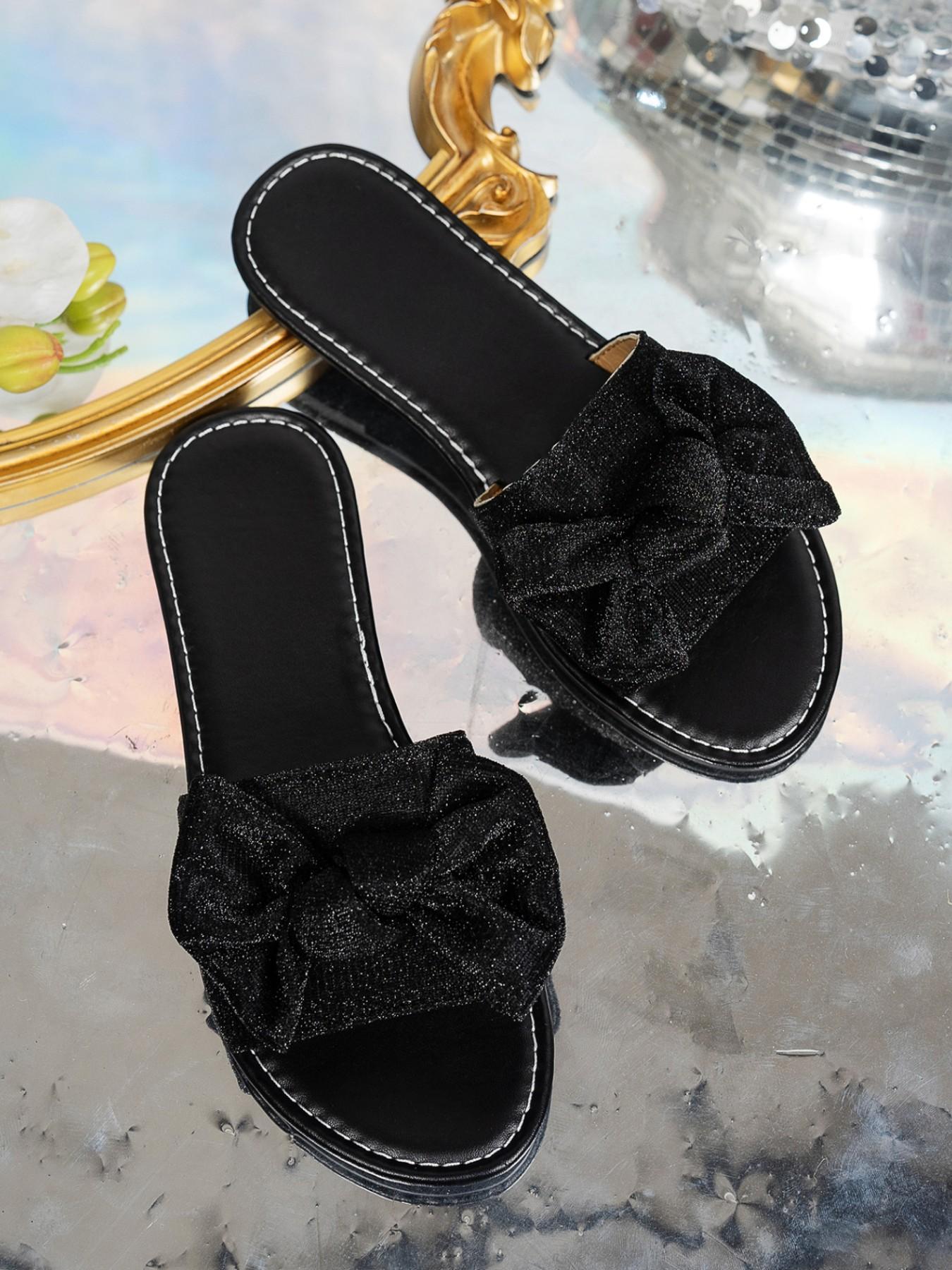 Women's Glitter Bow Mule Sandals, Open Toe Flat Shoes, Spring & Fall Fashion, Perfect for Sweet Bling Style, Summer