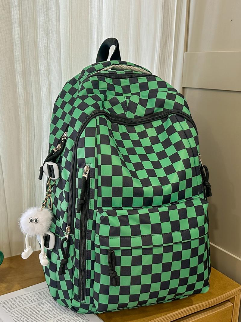 1pc  Women's backpack with large capacity, zipper closure, checkered pendant, fashionable and versatile, suitable for students to go to school, campus, go to work, commute, women's backpack, Plaid Pattern Backpack