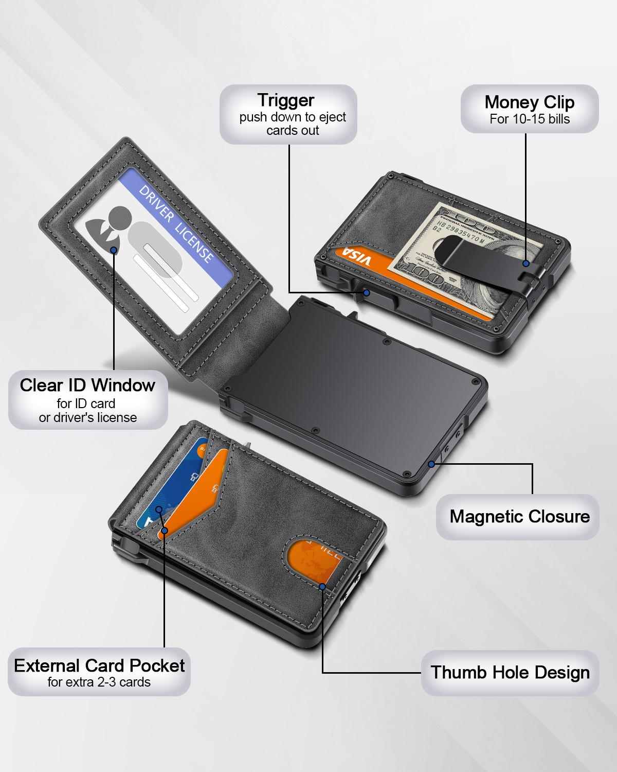 Men's Slim Minimalist Wallet with Money Clip - Holds 9-13 Cards, RFID Blocking Pop-Up Card Holder & ID Window, Aluminum Metal Bifold Wallet