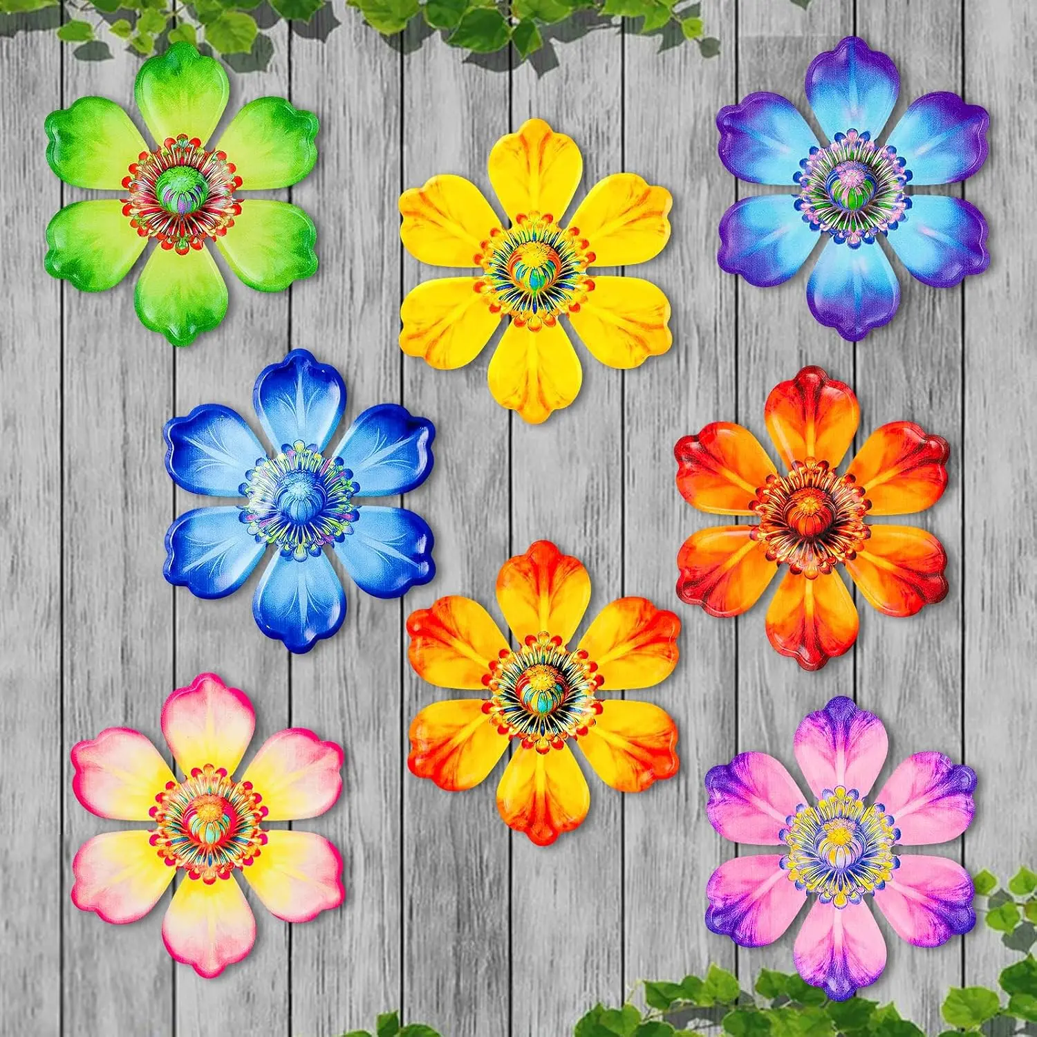 8Pcs 6.2in Outdoor Metal Flower Wall Art Decor, Hanging DIY Painting Ornaments for Garden Fence, Patio & Living Room