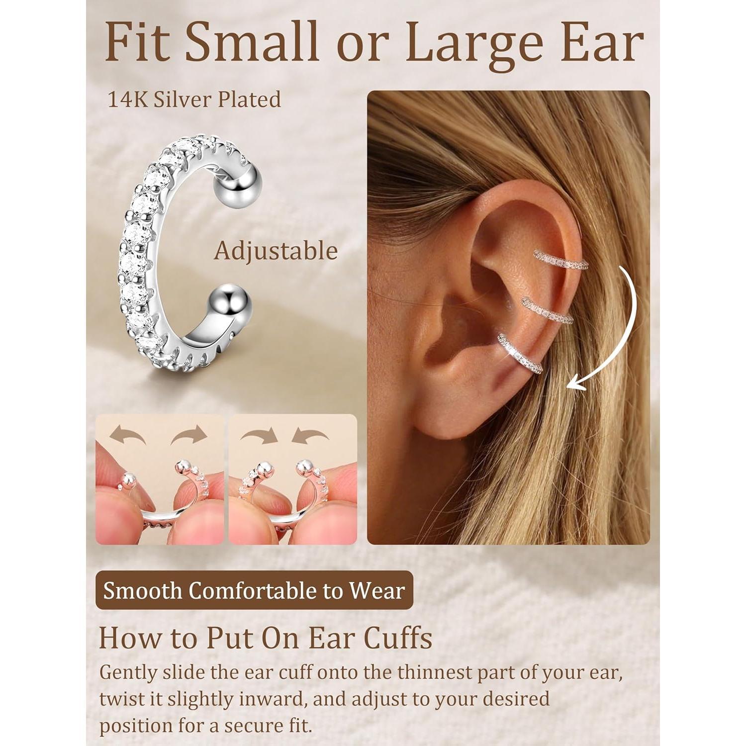 9 count 14K / Plated Ear Cuff Non  Earrings for Women Men - Ear Cuffs Earring Non Pierced Ears Adjustable Clip  Trendy  Cartilage Conch Helix  Set with 5A CZ