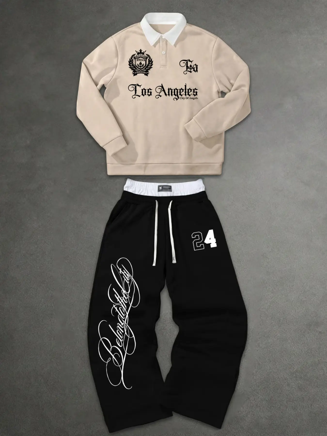 Men's Casual, Letter Badge Print Polo Long Sleeve Sweatshirt + Drawstring Wide Leg Pants, Y2K College Style, Versatile Wear, Menswear