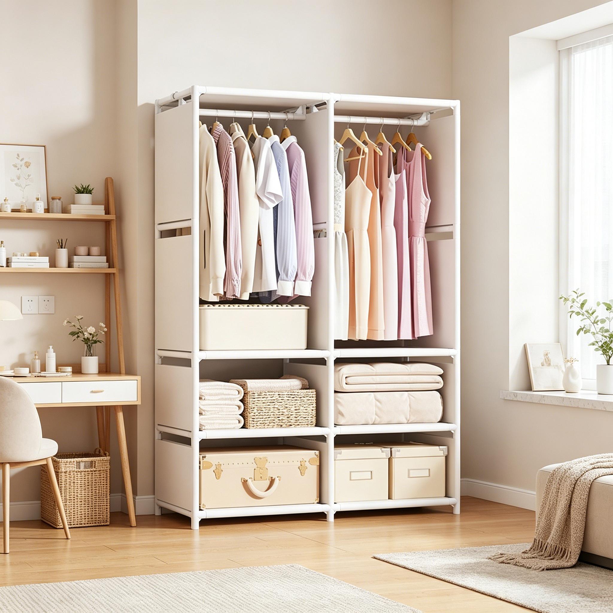 Home Floor-Standing Hat Rack, Simple Wardrobe for Bedroom, Multi-Layer Large Capacity Closet, Dust-Proof Storage Shelf for Dormitory