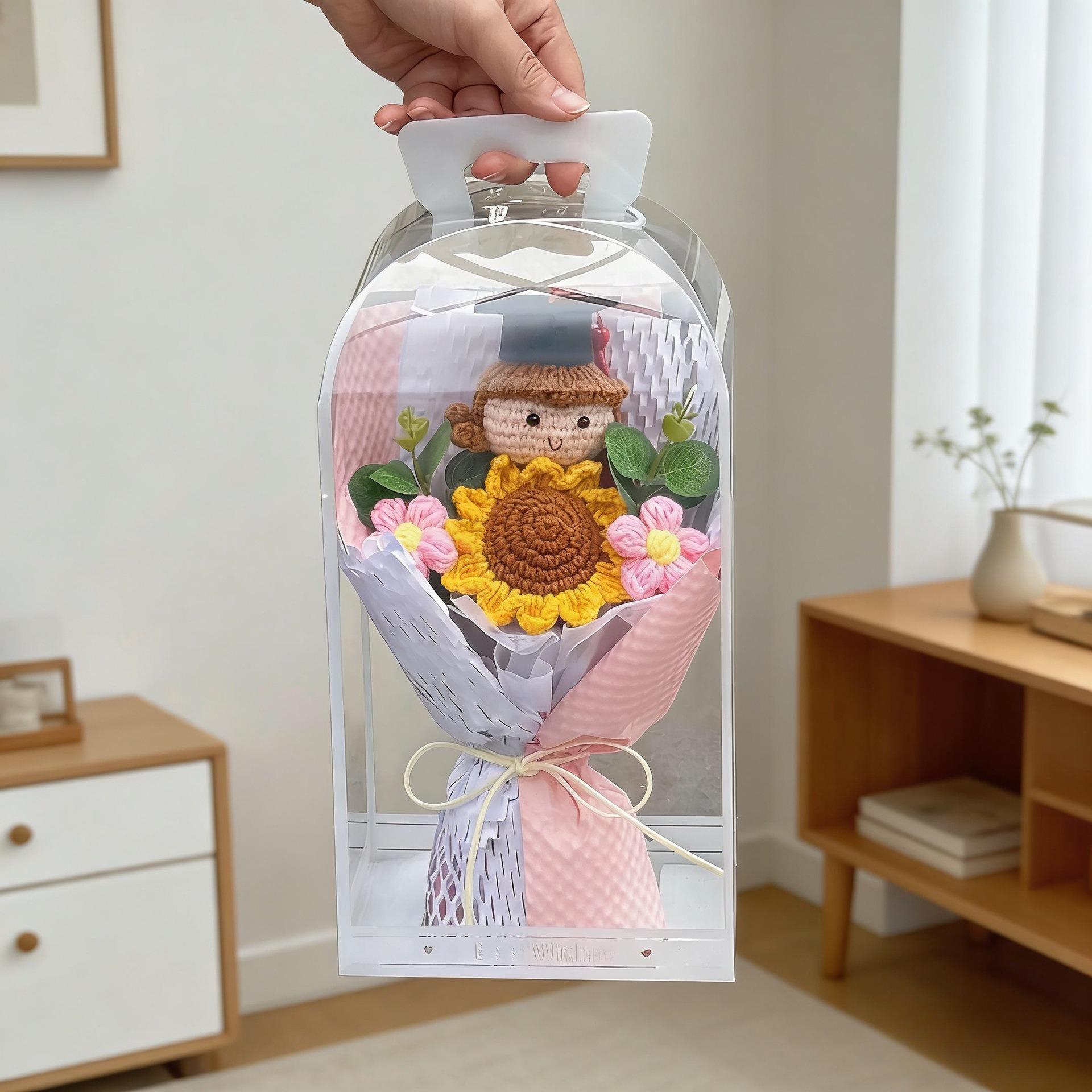 2026 Graduation Crochet Flower Bouquet Knitted Grad Doll,Handmade Crochet Flower Bouquet with Sunflower & Daisy, Soft Knitted Floral Arrangement for Girl, Women & Graduation Gifts