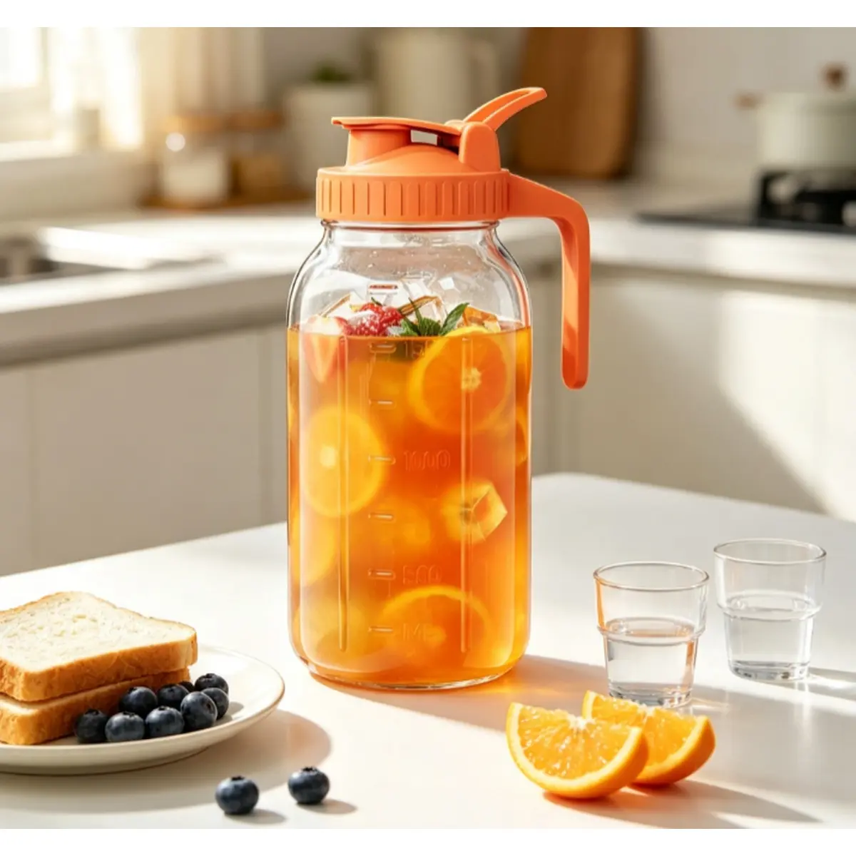 64oz (2 Qt Size) Dishwasher-Safe Glass Carafe with Ergo-Handle, Airtight Seal for Cold Brew Tea & Juice, Fridge Storage Organizer
