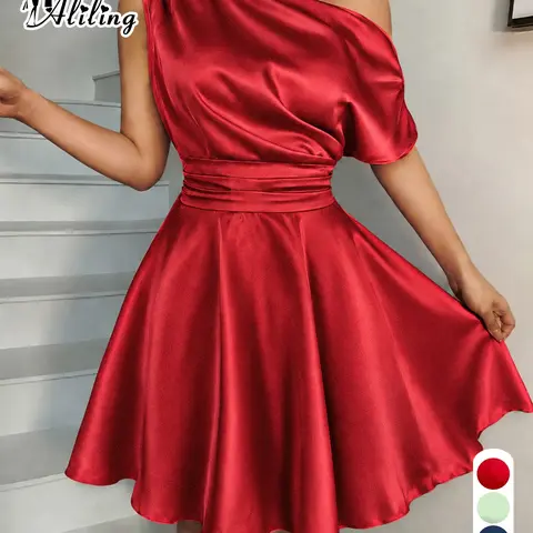Women Solid Mini Dress Neckline Short Sleeve Fitted Waist A Line Dresses, Elegant Formal Wear for Party and Dinner for All Season Wear