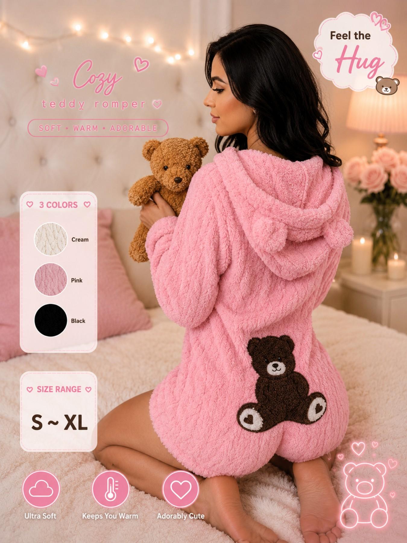 Women's Cozy Teddy Fleece Romper, Hooded Plush Pajama Jumpsuit, Soft Warm Loungewear, Halloween Christmas Gift, Casual Slim-Fit
