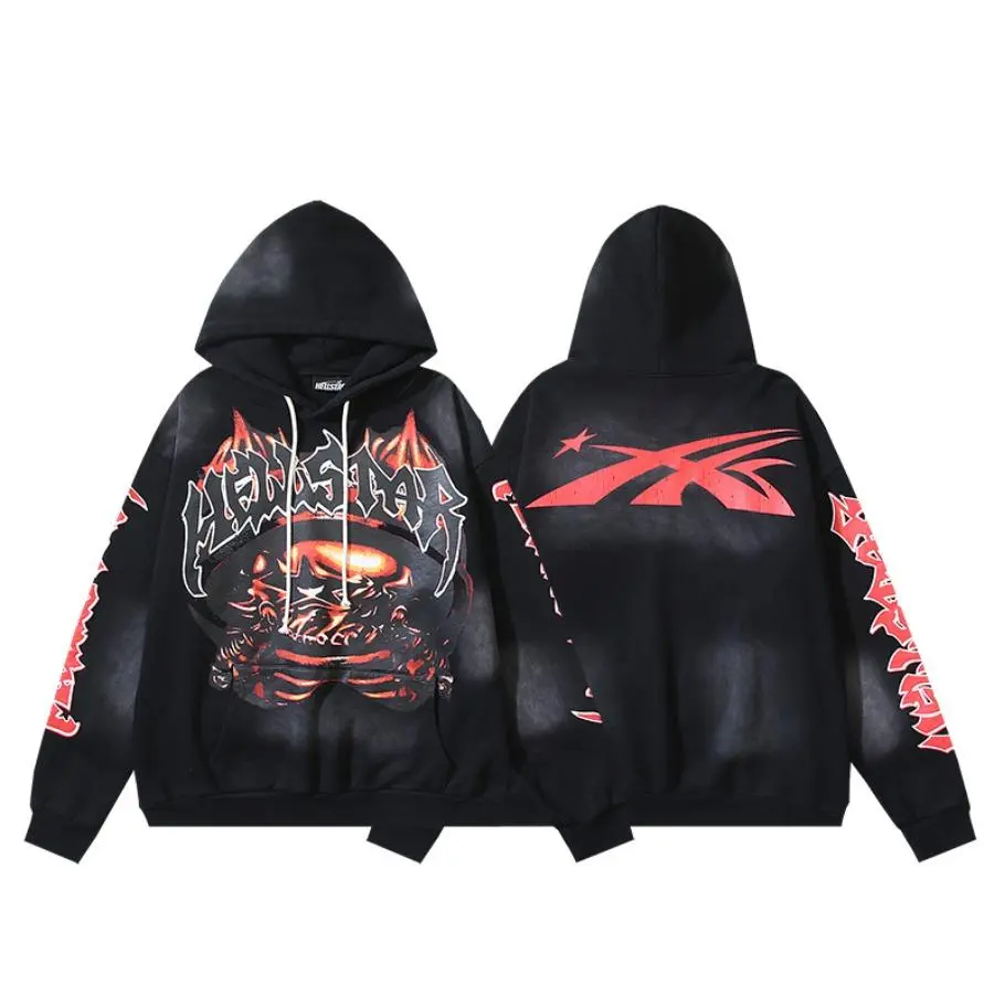 Men Hellstar Demon Skull Double Sided Graphic Pullover Hoodie, Vintage Washed Oversized Hooded Sweatshirt, Gothic Dark Streetwear Halloween Fall Casual Top For Men