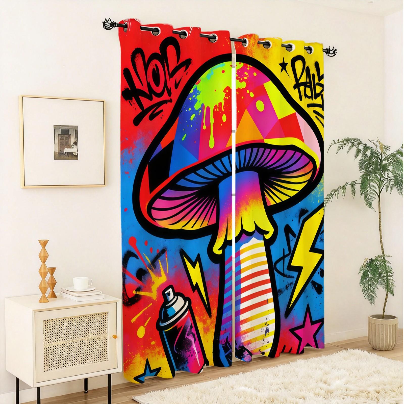 Lightning Mushroom Pattern Curtain Set, 2 Pieces, Ideal for Living Room, Balcony, Bedroom Windows, Perfect Home Decor for Seasons and Holidays