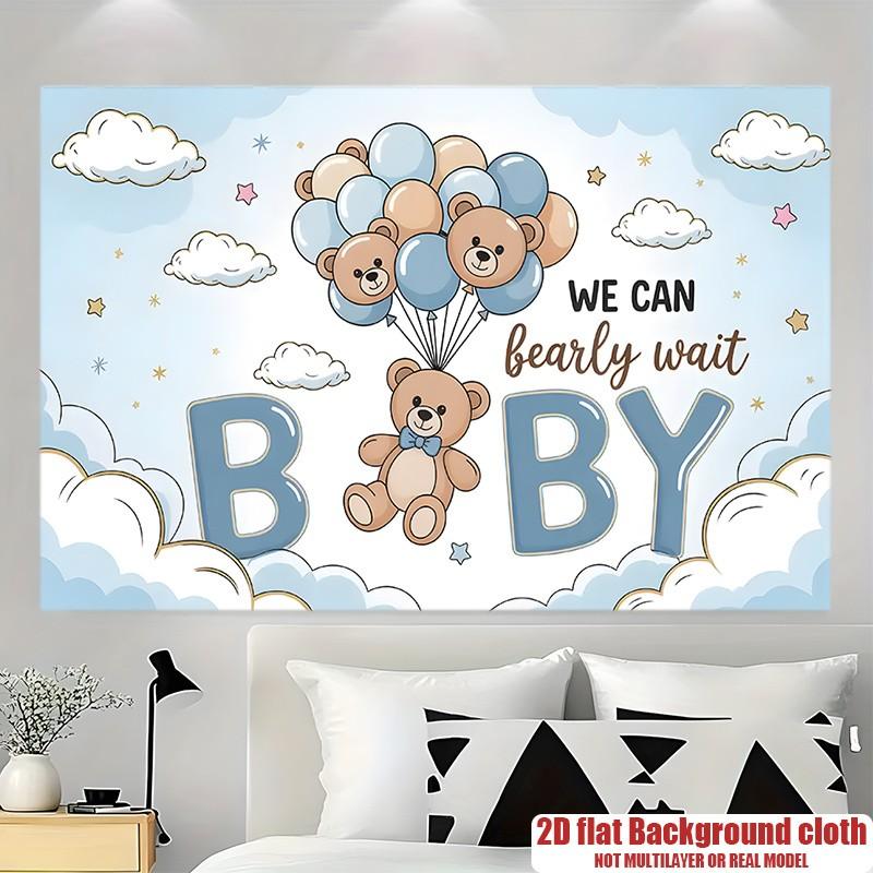 2D Flat, 1pc Adorable Bear & Balloon Shower "We Can Barely Wait"  Banner - Cute Bear Cub with Balloons Wall Decor, Party Background, Clear HD Print Polyester banner