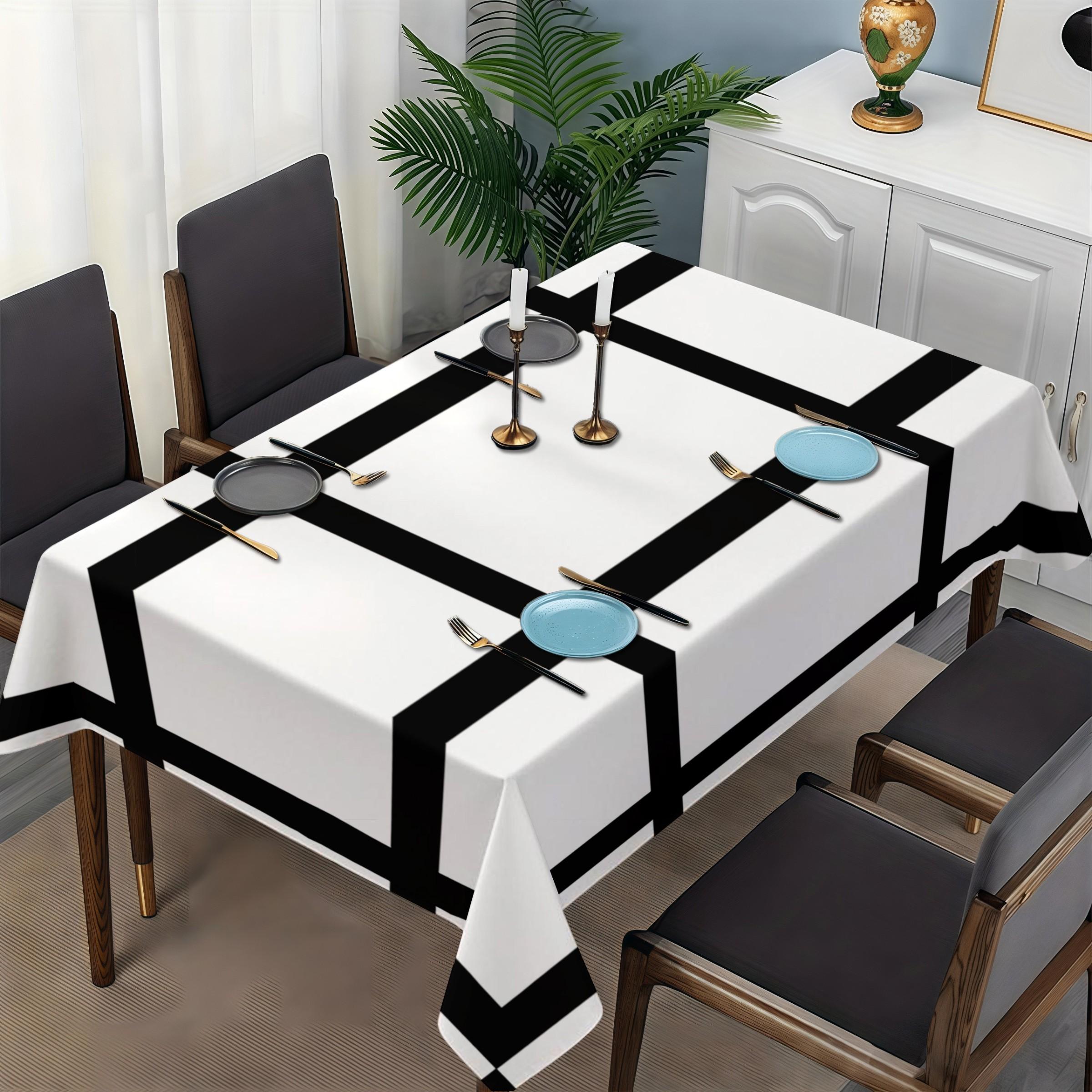 Rectangular White Tablecloth with Black Grid, Polyester Material, Waterproof & Oil - Resistant, Suitable for Home & Outdoor Use, Minimalist Style, Ideal for Wedding, Holiday, Birthday & Thank You Gifts, Cozy Dining Area Decor