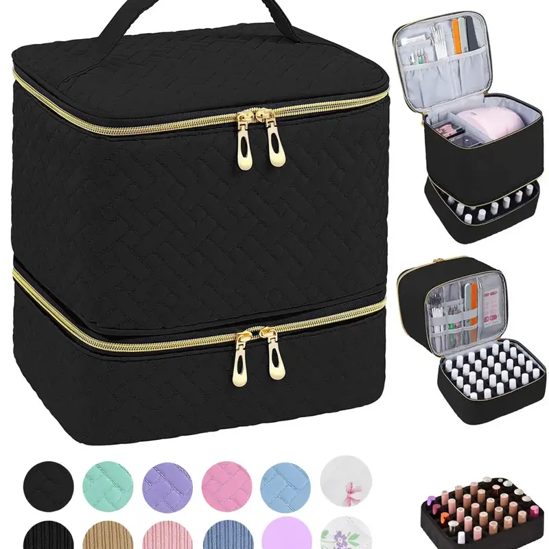 Double Layer Quilted Nail Polish Storage Bag, Portable Nail Art Organizer, Cosmetic Storage Zipper Makeup Organizer Pouch Multifunctional Bag for Women & Girls (bag Only), Cosmetic Bags #GLOBAL PICKS