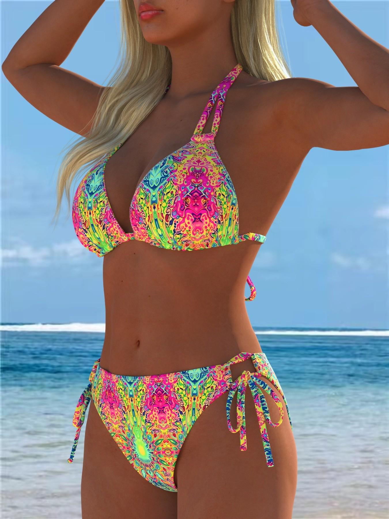Women's Sexy Spaghetti Strap Bikini Two-Piece Set, Triangle Cup Design, Thin Straps, Adjustable Shoulder Straps, Random Print, Perfect for Summer Beach Vacation, Printed Bikini Set, Bikinis Set