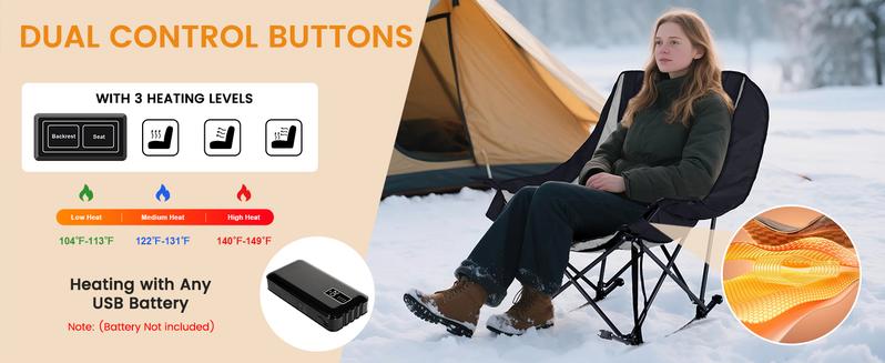 SLSY Oversized Heated Rocking Camping Chair, Outdoor Rocker Padded Recliner Folding Lawn Chaise, with Side Pockets & Carry Bag for Patio Backyard, Power bank not included