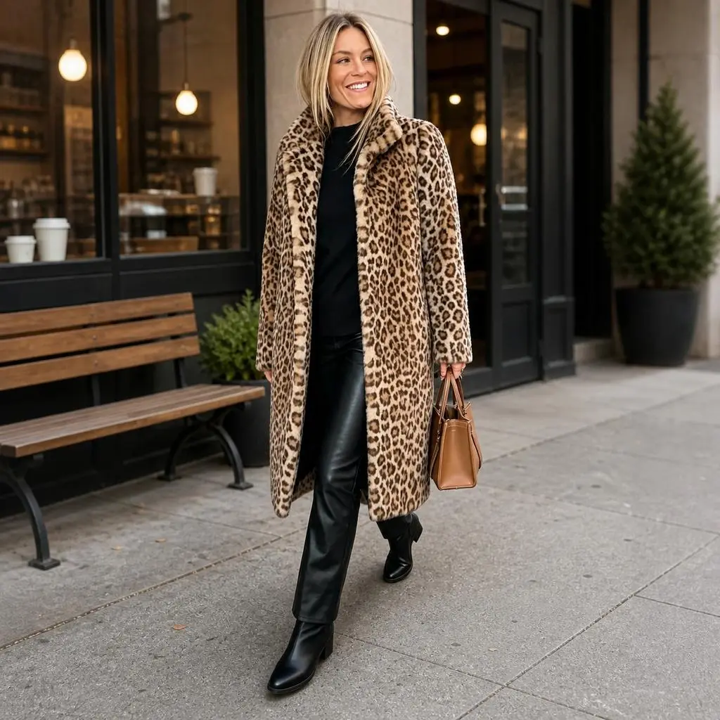 Women's Leopard Print Faux Fur Long Coat - Open Front Lapel Collar Warm Winter Outerwear, Trendy Casual Mid-Length Furry Jacket for Fall Daily Outings