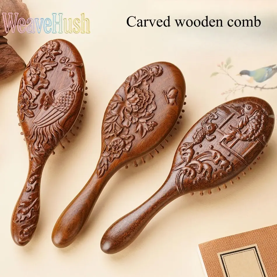 Carved Wooden Cushion Hair Brush - Floral Design Oval Paddle Brush with Rounded-Tip Pins, Long Handle, 7.9x2.4 In, Decorative Everyday Grooming Accessory, Optional Gift Box, Sohochic (Sports & Outdoor Accessory)