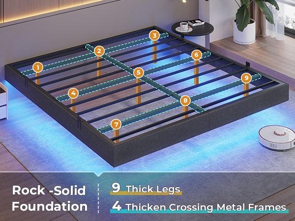 Sikaic Floating Bed Frame Linen Upholstered Platform With LED Lights Underbed Storage Space Dark Grey Angersbed Modern Headboard Unique Bedroom Furniture