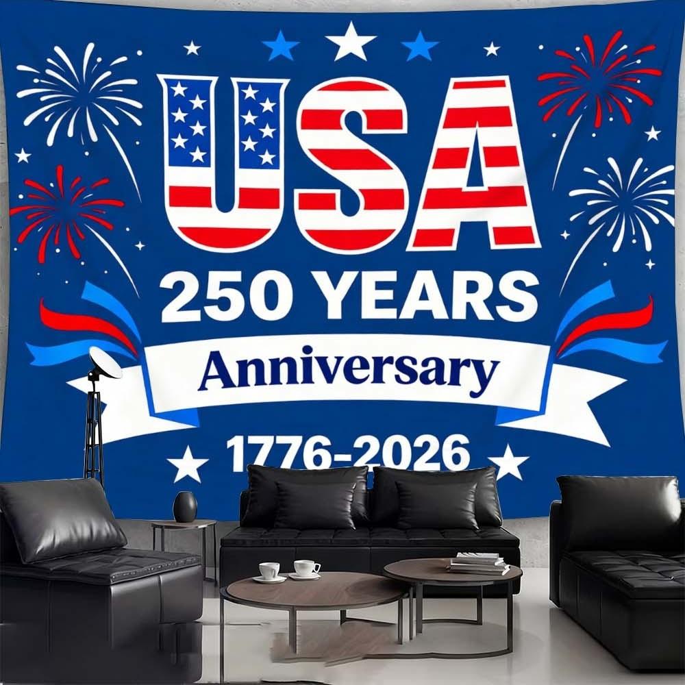 1PC USA 250 Years Anniversary Tapestry Wall Decoration Fabric for Independence Day Celebration Living Room and Bedroom Atmosphere Enhancement Fireworks Pattern for Daily Gatherings and Festive Home Decor