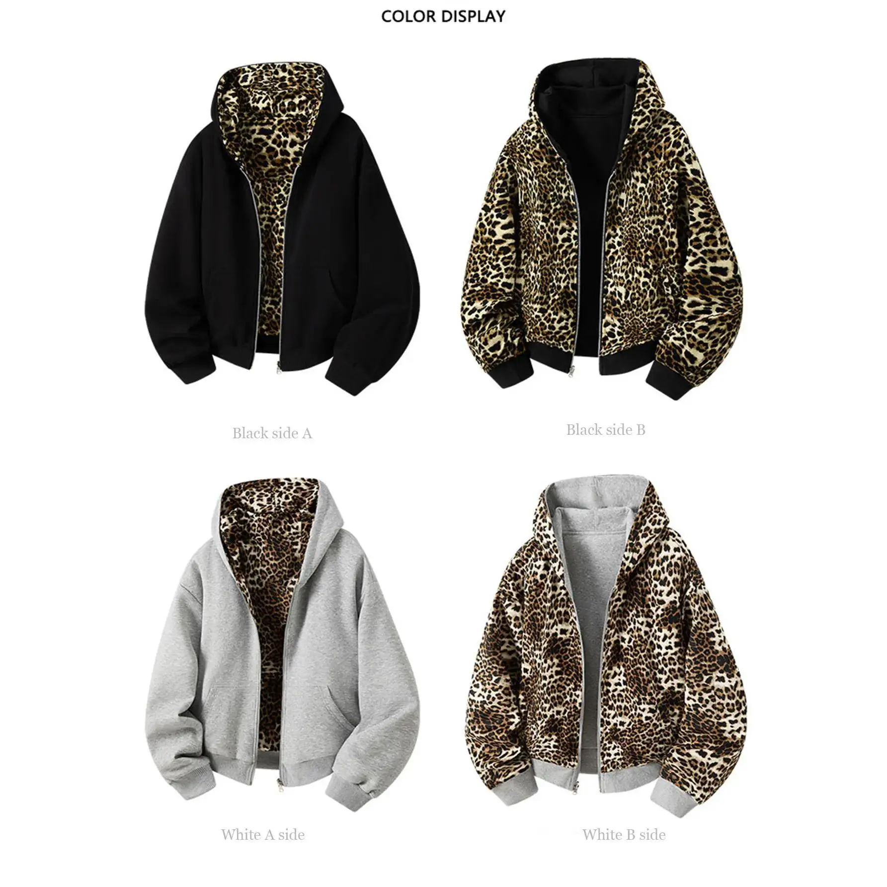 Women's Reversible Leopard-Cheetah Print Zip-Up Hoodie - Oversized Y2K Streetwear Long Sleeve Tops for Women, Double-Sided Pockets Hooded Jacket, Cozy Fall Winter Loose Fit Aesthetic Outerwear