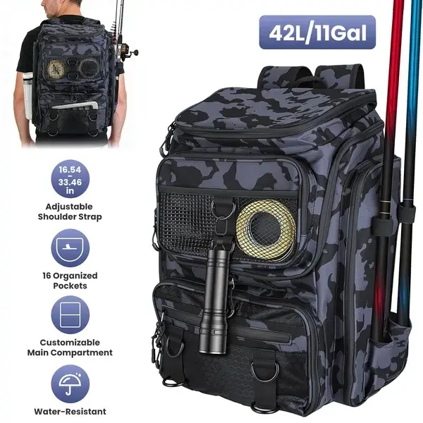 42L&11Gal Fishing Backpack Large Capacity Fishing Tackle Storage Bag With Rod Holders 16-Pocket Water-Resistant With Divider Adjustable Padded Straps For Fishing Gear Outdoor Camping Hiking