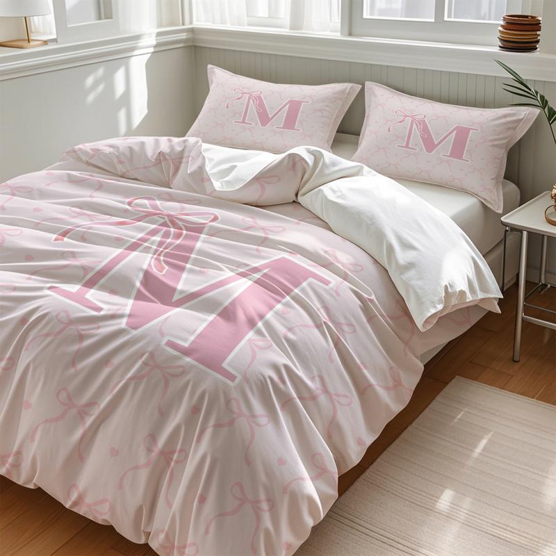 Pink Bow Print Bedding Set, Fashion A-Z Letter Print Design, Includes 1 Duvet Cover and 1/2 Pillowcase, No filling/Zipper Closure, Perfect Creative Bedroom Decoration Kit for Girls, Full Size, Bedsheet Sets
