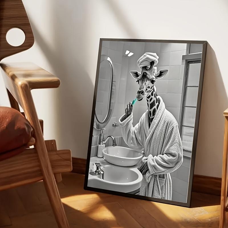 Wearing Robe Giraffe Brushing Teeth Canvas Print - 40.01x 59.94cm , HD Waterproof Wall Art, Frameless Modern Decoration, Suitable for Bathroom, Bedroom, Living Room or Office, Unique Gift Idea, Animal Art Print, Giraffe Poster, Canvas Artwork, Office Artw