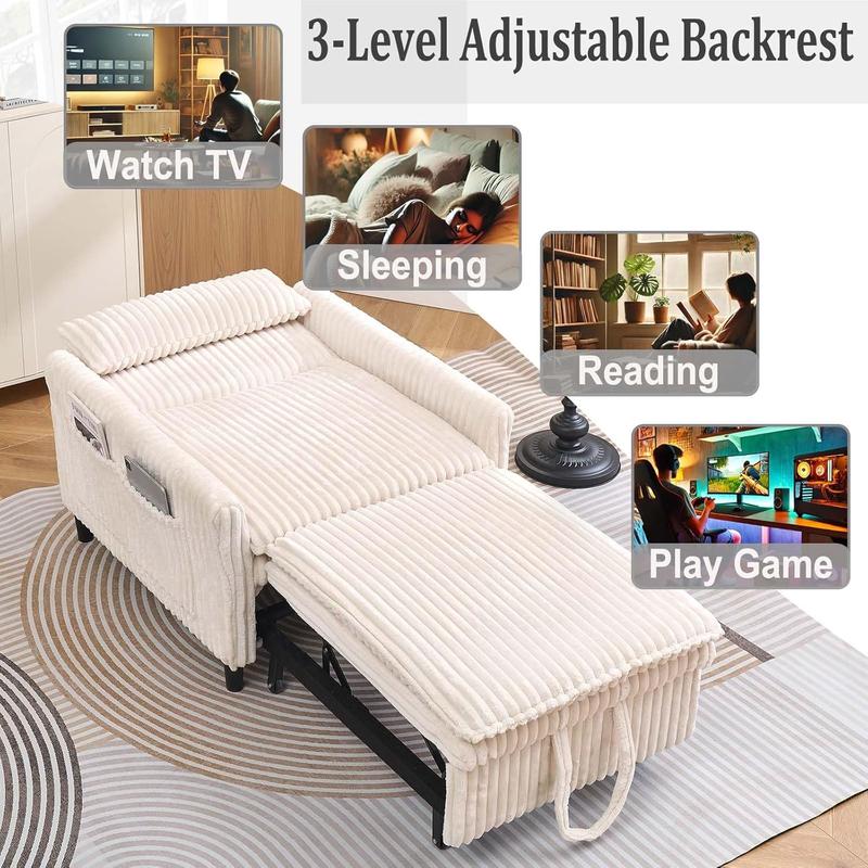 3 in 1 Convertible Sleeper Chair, Pull Out Sofa Bed with Adjustable Backrest & Storage Pockets, Recliner Chair Bed, Modern Corduroy Chaise Lounge for Bedroom Living Room Small Space (Beige) 3 in 1 Convertible Sleeper Chair, Pull Out Sofa Bed with Adjustable Backrest & Storage Pockets, Recliner Chair Bed, Modern Corduroy Chaise Lounge for Bedroom Living Room Small Space (Beige)